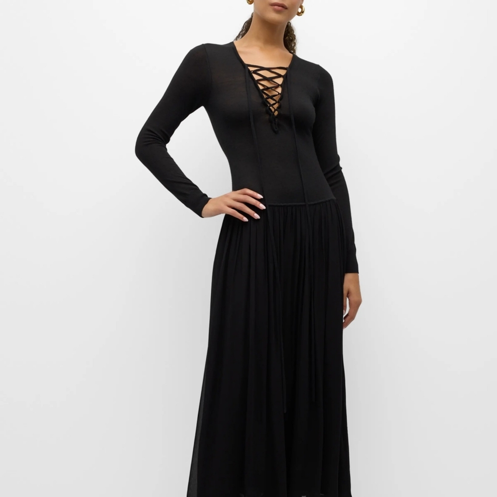 NEW Ulla Johnson Elegant Black Lace-Up Collette Dress with drop waist